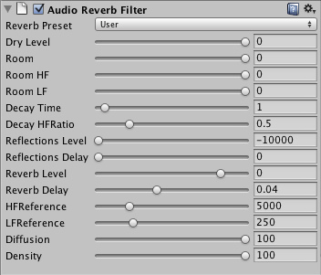 检视面板中的音频混响滤波器（Audio Reverb filter）属性